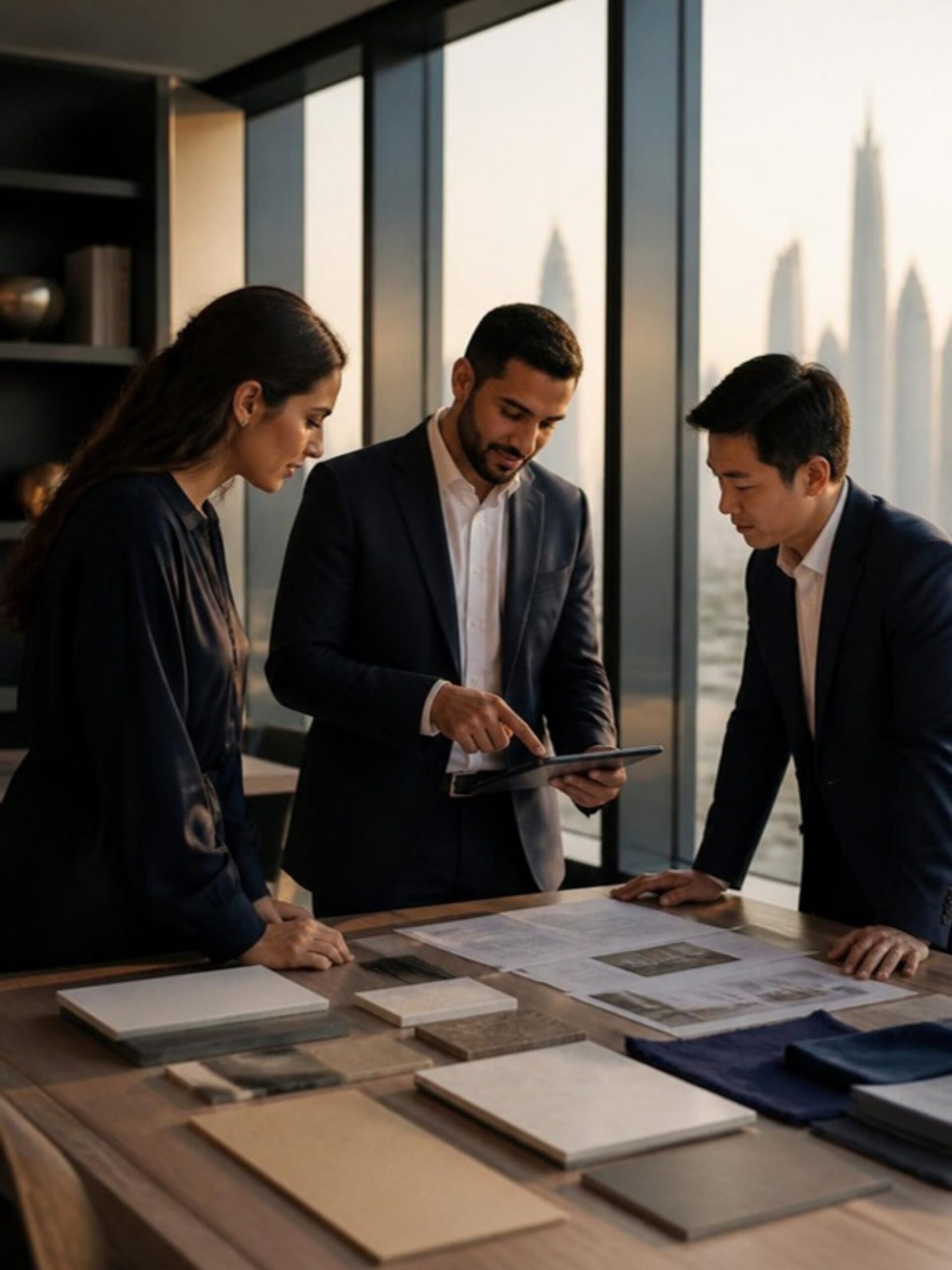 Three business professionals reviewing product samples and documents at a table in an office above a city