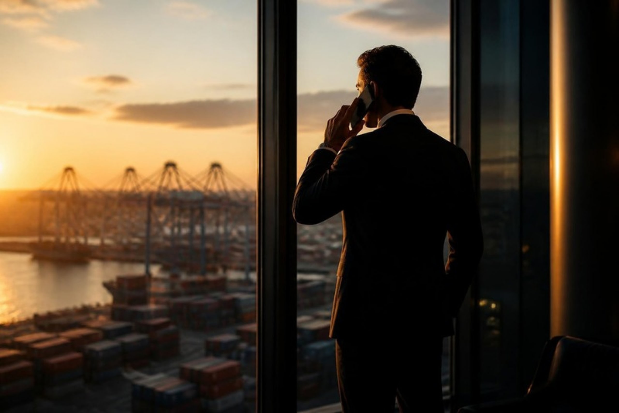 Business professional on a call at a window overlooking a container port