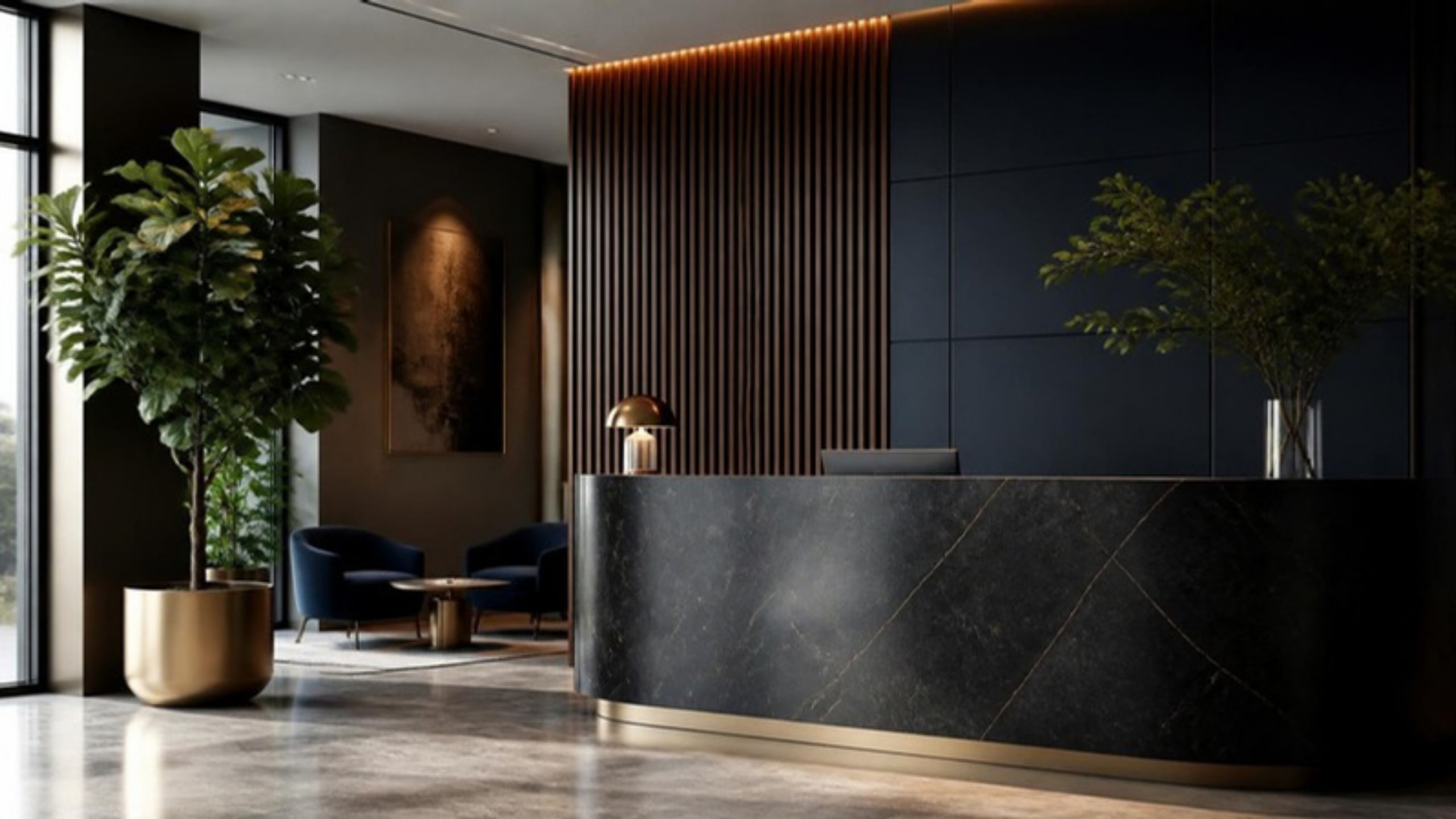 Modern corporate reception with a dark stone desk and brass accents