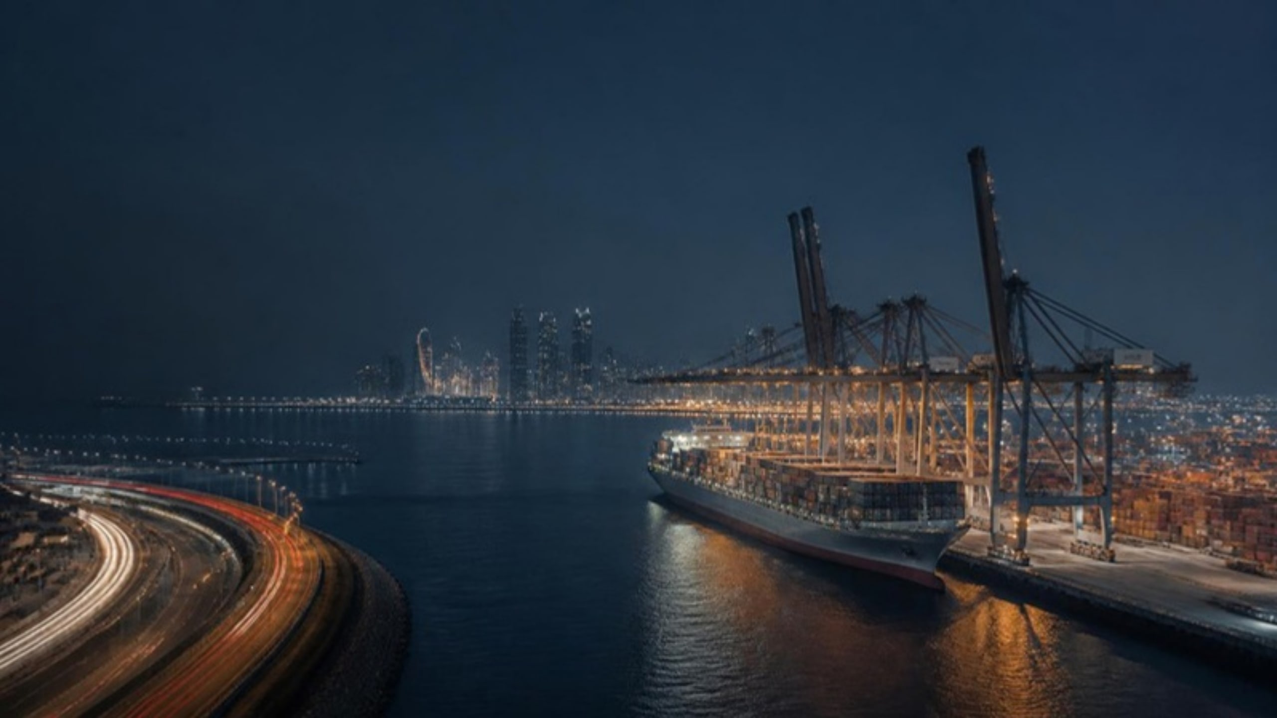 Container port at dusk with a city skyline of glass towers in the distance