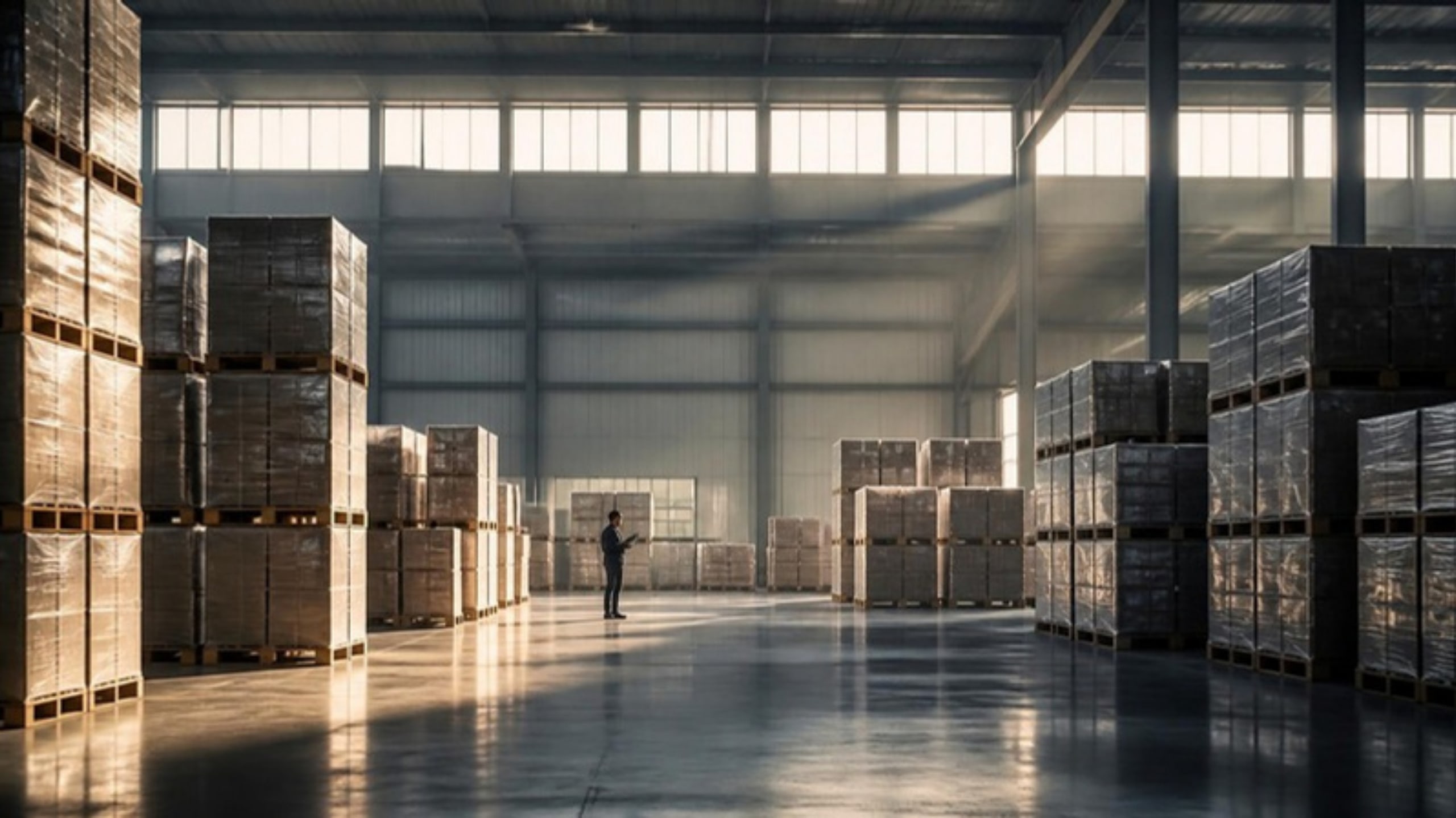 Clean modern warehouse aisle with soft daylight