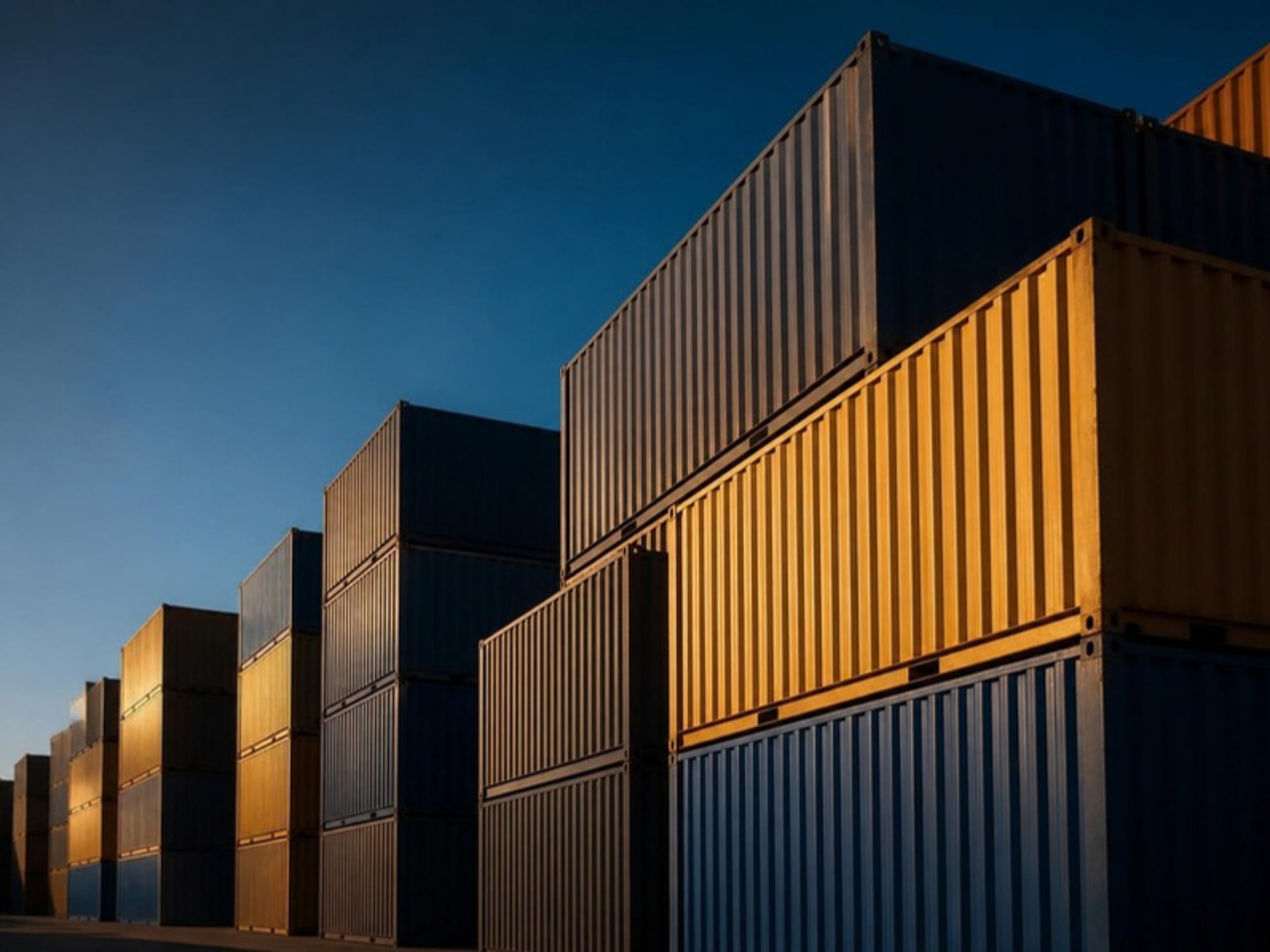 Stacked shipping containers in navy, slate and ochre at golden hour