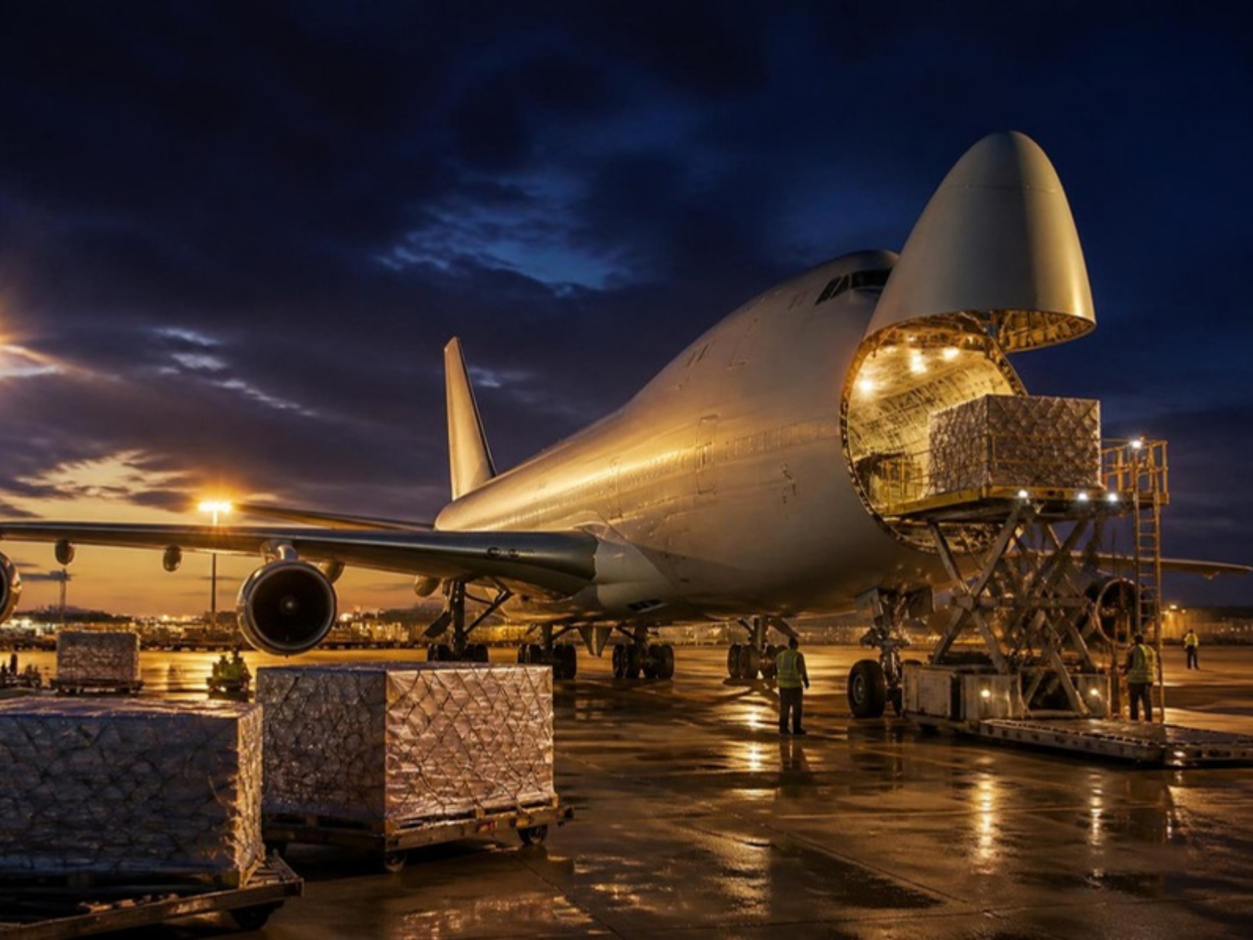 Cargo aircraft being loaded with air freight pallets at dusk