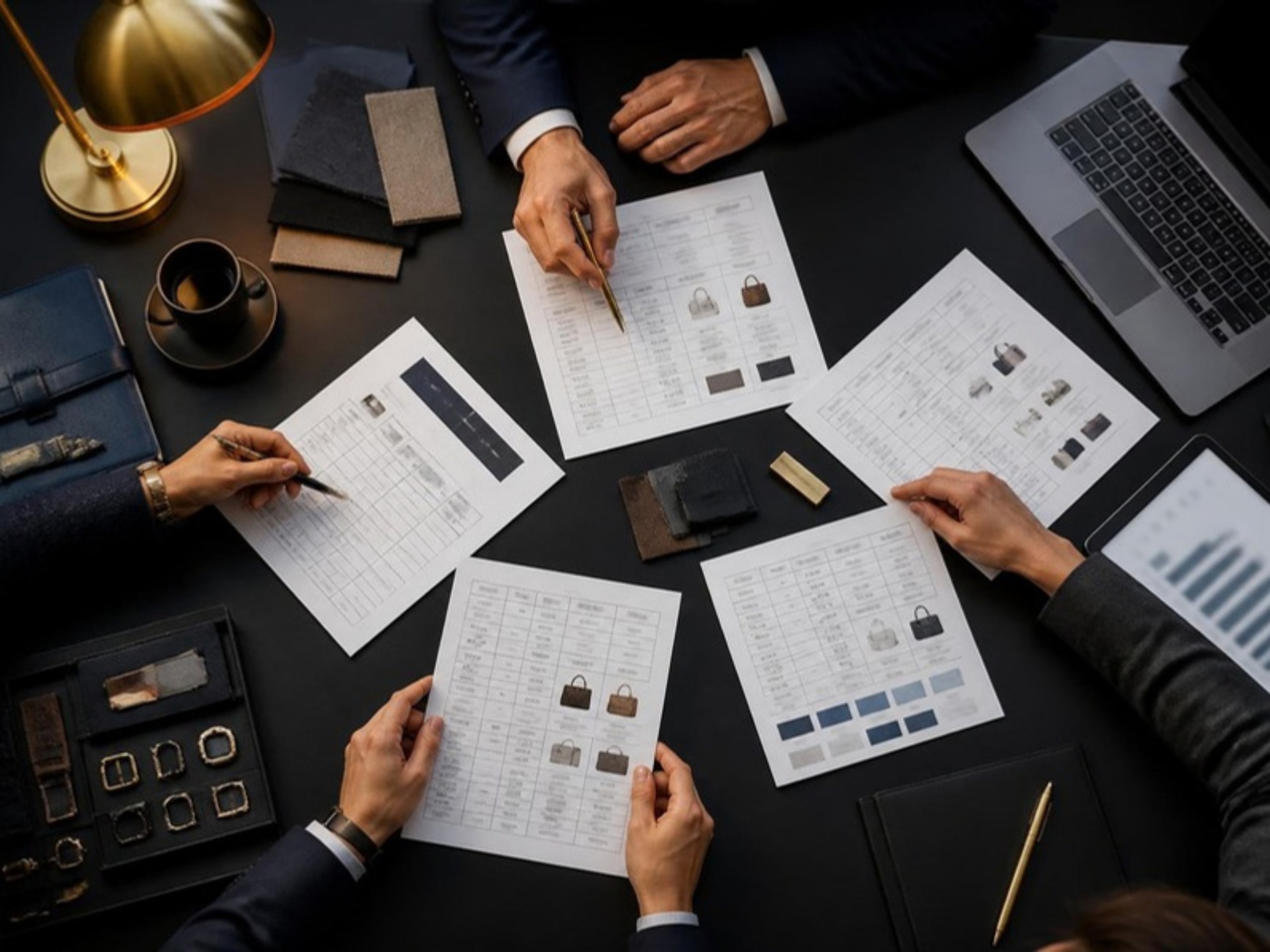 Overhead view of a procurement meeting with quotations, samples and a laptop