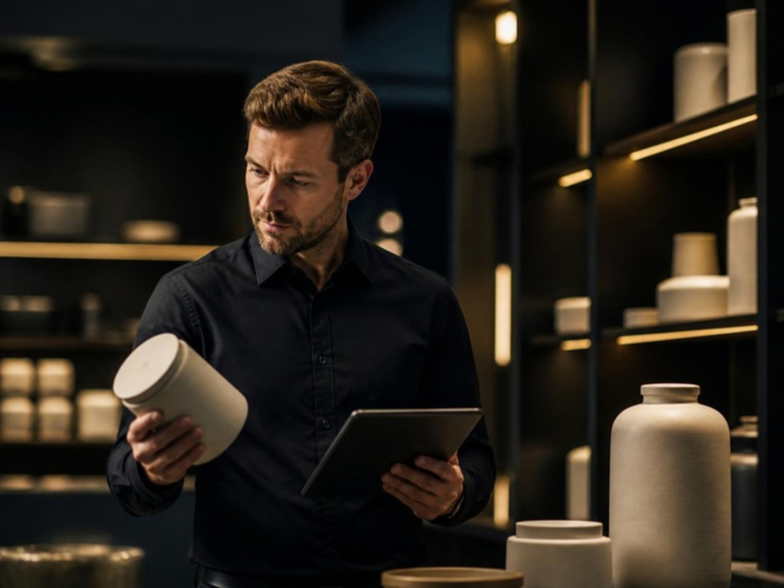 Quality inspector examining a product sample in a modern showroom