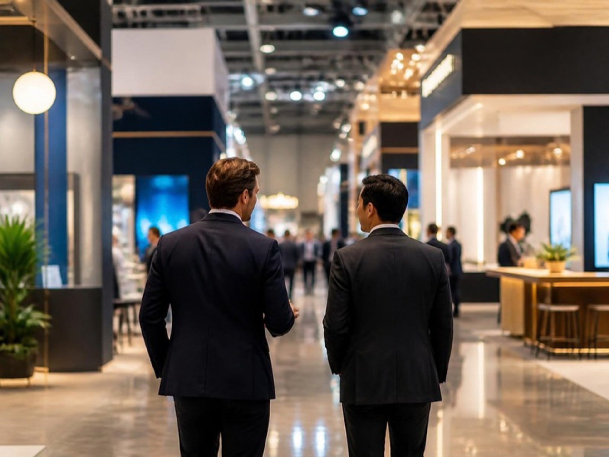 Two business people walking through an international trade exhibition hall