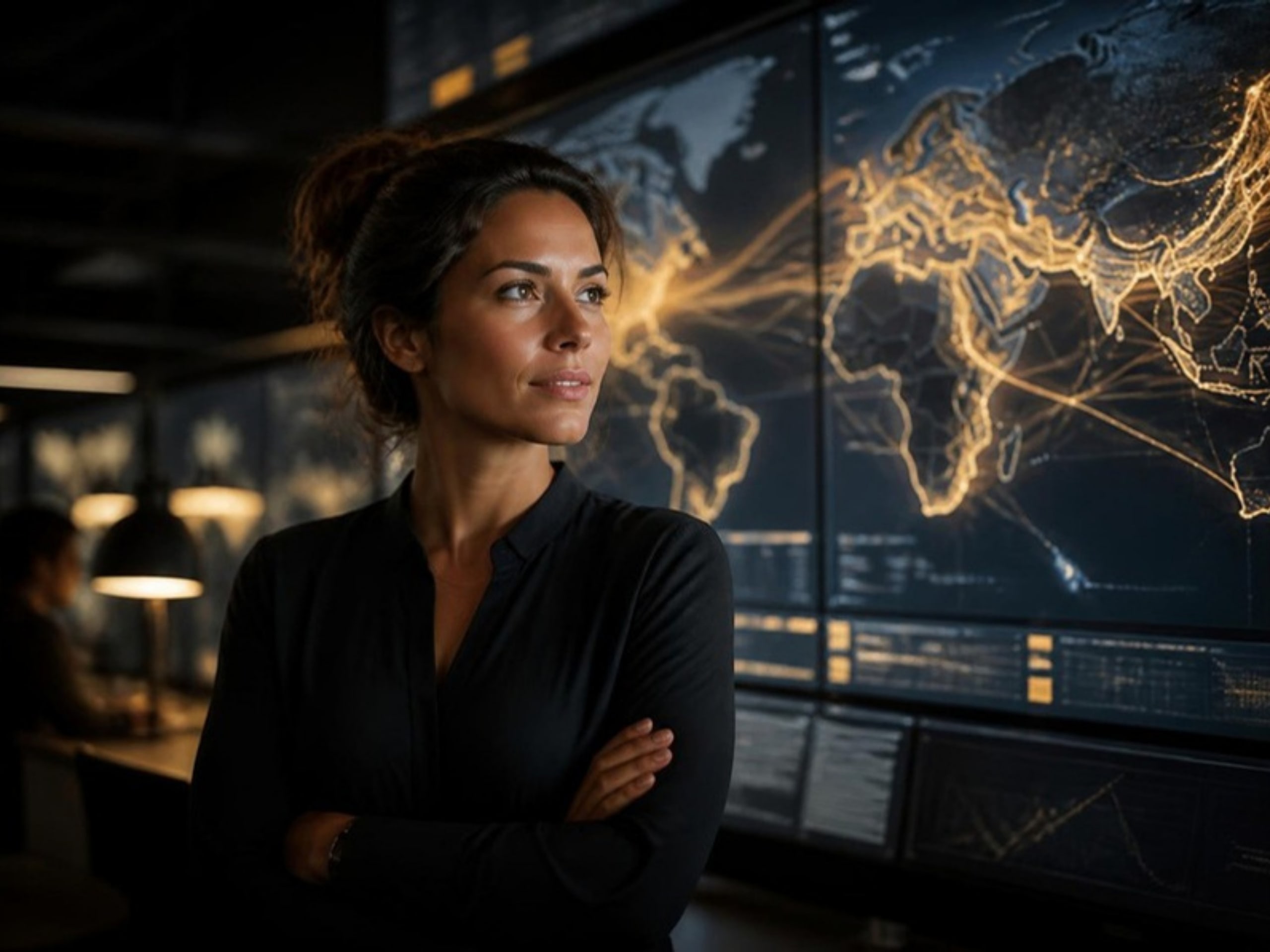 Logistics coordinator in front of wall screens showing shipping routes