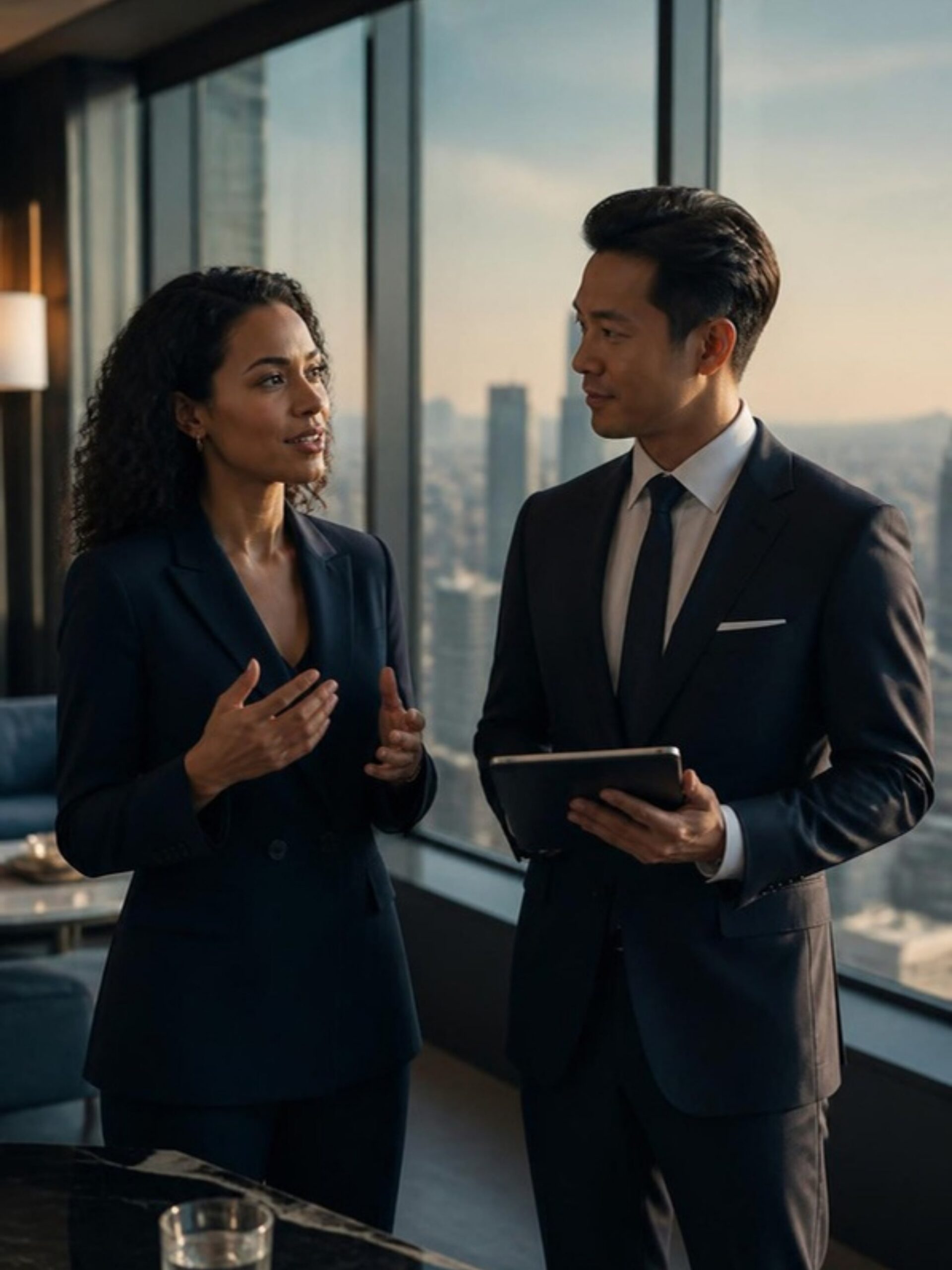 Two business professionals in conversation in a glass-walled office above a city